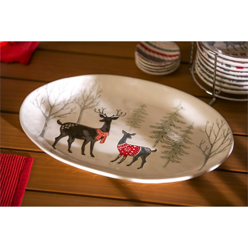 Stamped Ceramic Platter, 14'' White Woods,3pct7140