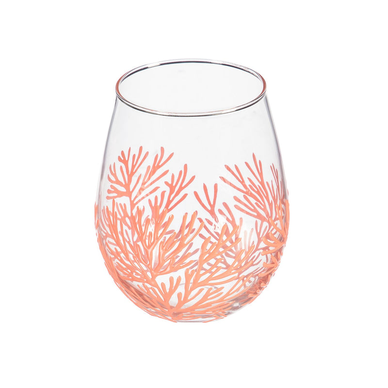 Stemless Wine Glass with Embellish Coral, 17 OZ, 3 Asst,3sl182