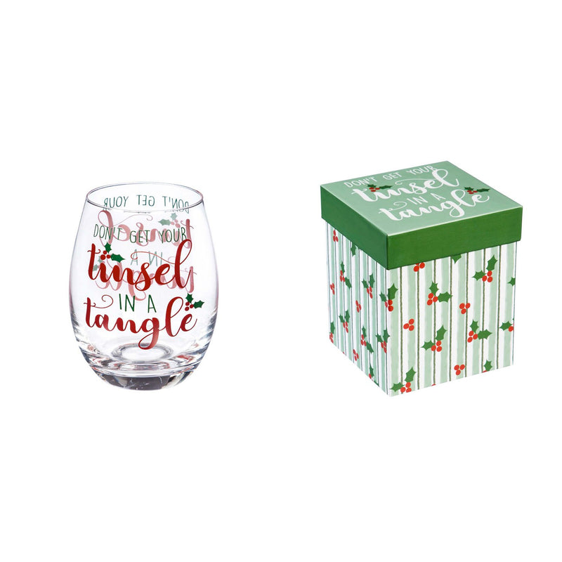 Stemless Wine Glass w/ Box, 17 OZ, Don't Get Your Tinsel In A Tangle,3sl185