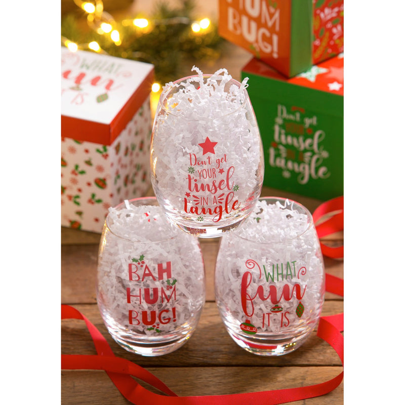 Stemless Wine Glass w/metallic accents and box, 17 OZ, Don't get your tinsel...,3sl7226b