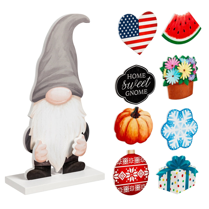 Wood Gnome Table Decor with 8 Interchangeable Icons,3wd018