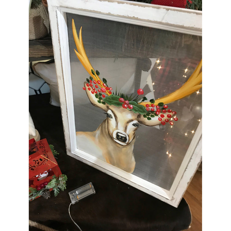 Deer Hand Painted Screen Wood Frame Wall Décor, 16"W x 20"H,3wp823