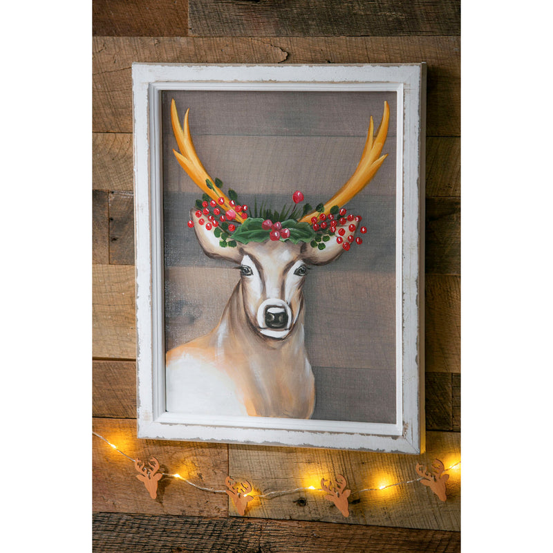 Deer Hand Painted Screen Wood Frame Wall Décor, 16"W x 20"H,3wp823