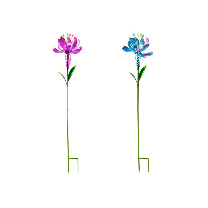 38.5"H Wind Spinner Flower Garden Stake, 2 Asst, Pink and Blue,47m2165