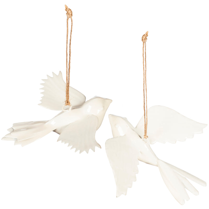 Embossed Enamel Hanging Birds, Set of 2, White,47m2578