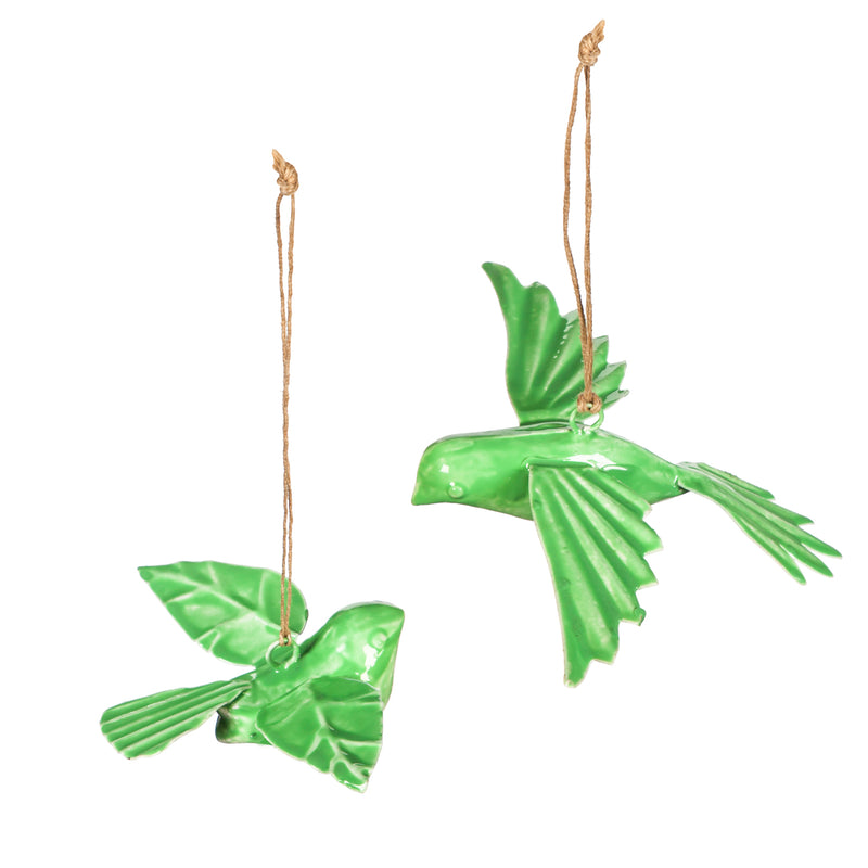 Embossed Enamel Hanging Birds, Set of 2, Green,47m2579