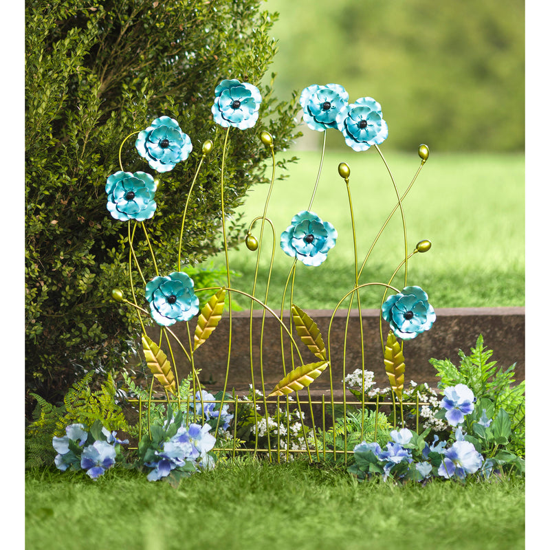 Blue Flower Decorative Garden Fence Panel Painted Metal Accent,47m3300