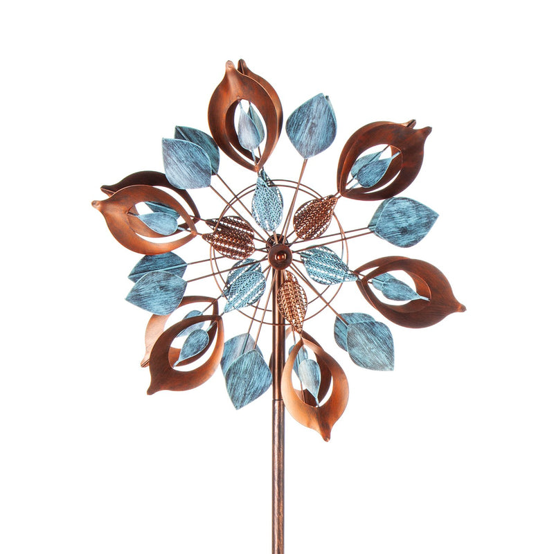 75"H Wind Spinner, Copper and Verdigris Lotus Petals,24"x10.25"x75"inches