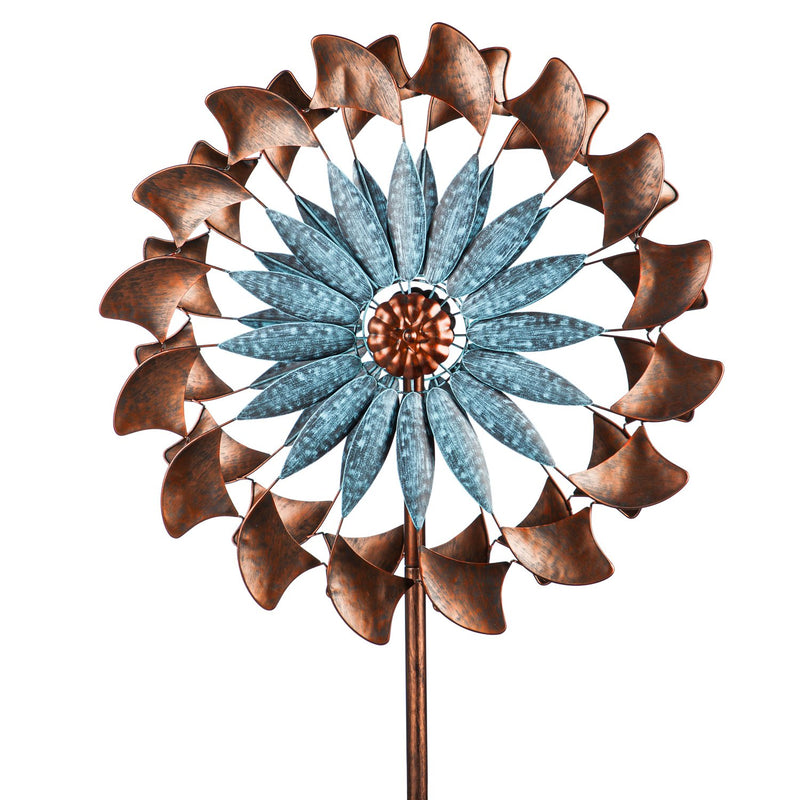 75"H Wind Spinner, Blue Patina and Copper Flower,24"x10.25"x75"inches