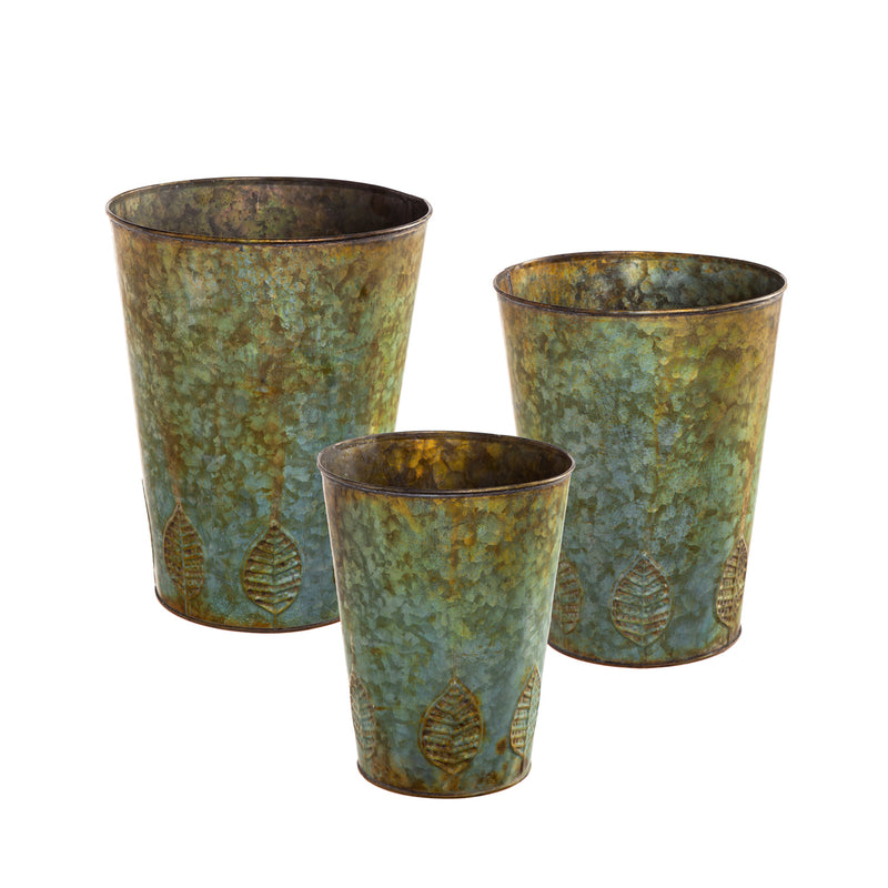 Set of 3 Nested Metal Planter with Leaf Embossing,47m4439