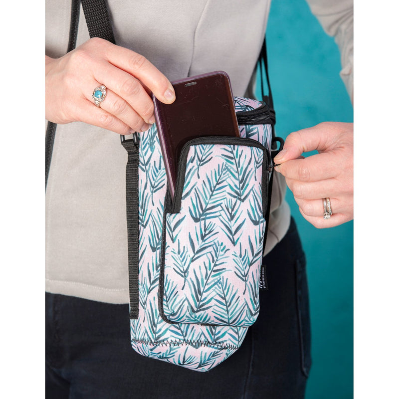 Neoprene Bottle Carrier w/ Zip Closure, Palm Leaves,4nbc018