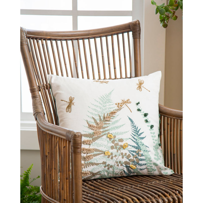 Embroidered Fern Dragonfly Decorative Pillow,4p4975