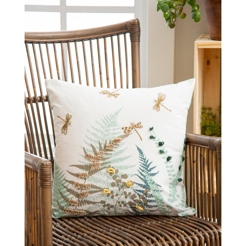 Embroidered Fern Dragonfly Decorative Pillow,4p4975