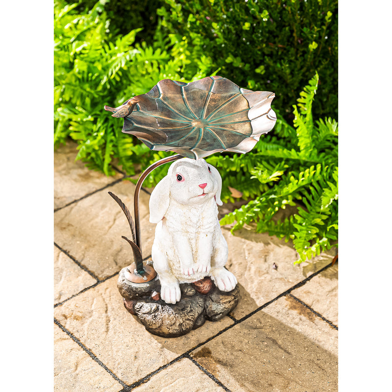 BUNNY WITH METAL LEAF BIRDBATH,59k69