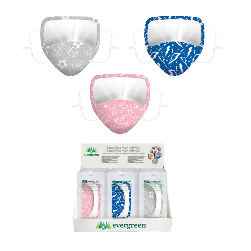 Children's Antimicrobial Non-Medical Cotton Face Mask w/ Visor, 2 Designs, 12 of each, 24 pcs total,7cdu102