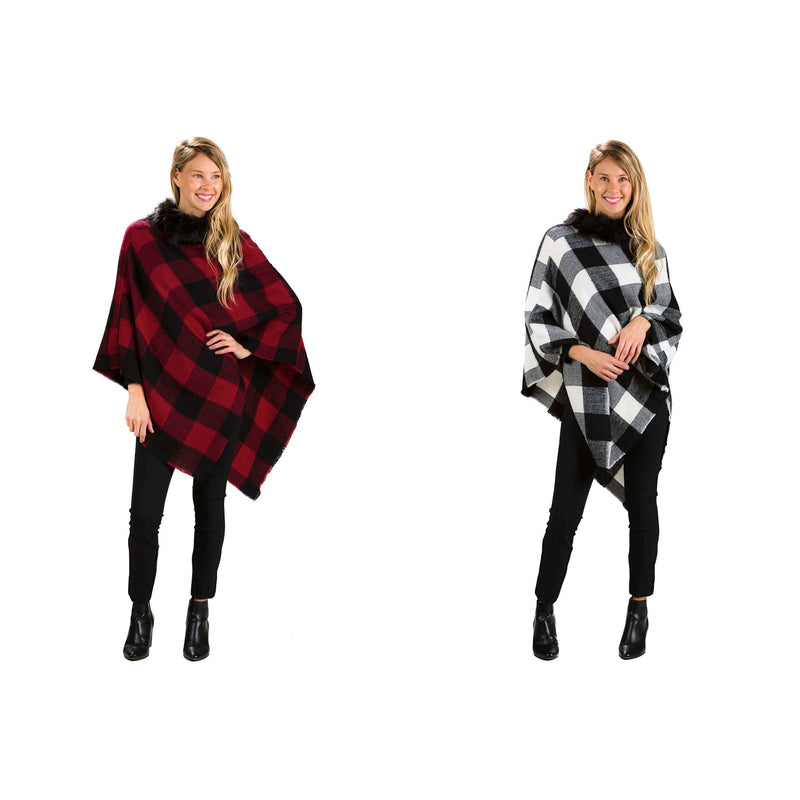 Plaid Poncho with Faux Fur Trim Collar, 2 Asst, Red/Black, Black/White,7cwc422