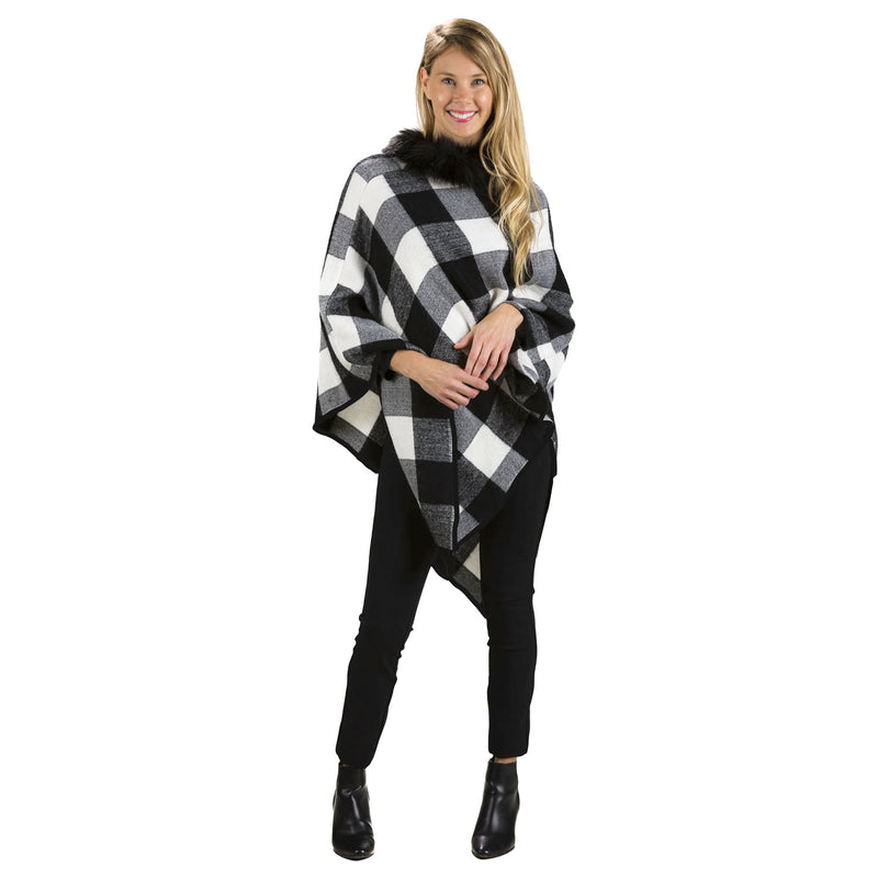 Plaid Poncho with Faux Fur Trim Collar, 2 Asst, Red/Black, Black/White,7cwc422