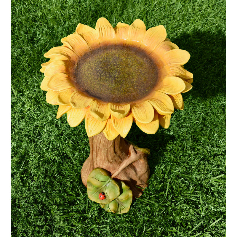 Sunflower with Leaves and Ladybug Carved Resin Birdbath,84g3426