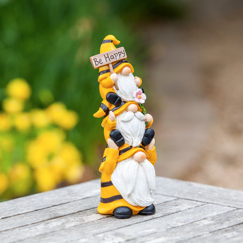 9"H Stacked Bee Gnome Trio Garden Statuary, 3.27"x3.15"x9.13"inches