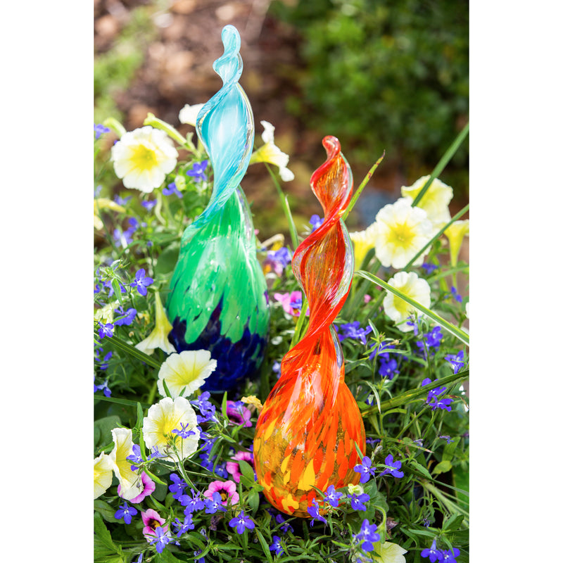 ArtGlass Plant Watering Globe with Terracotta Spike, 2 Asst, Orange/yellow and Blue/Green,84g615