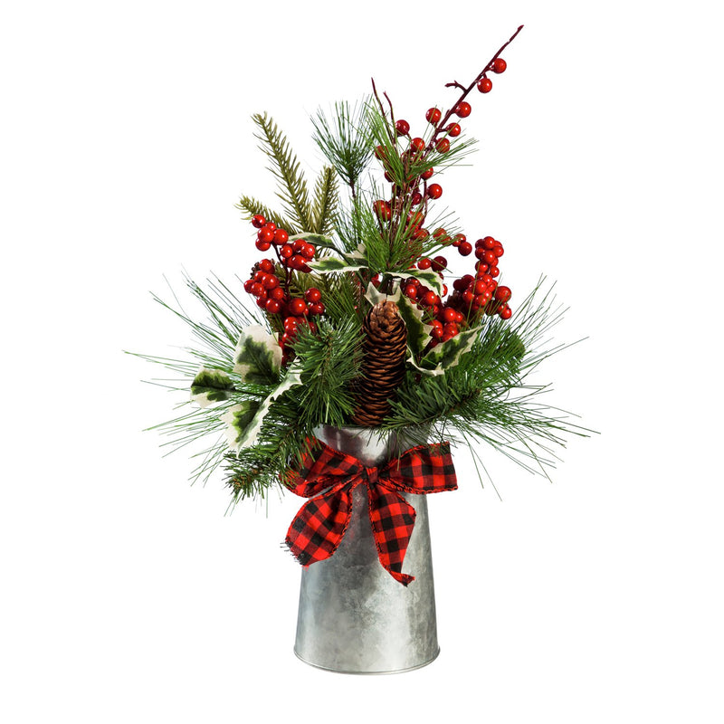 16'' High Pinecone and Holly Berries in Galvanized Watering Can Tabletop Décor,8flp189