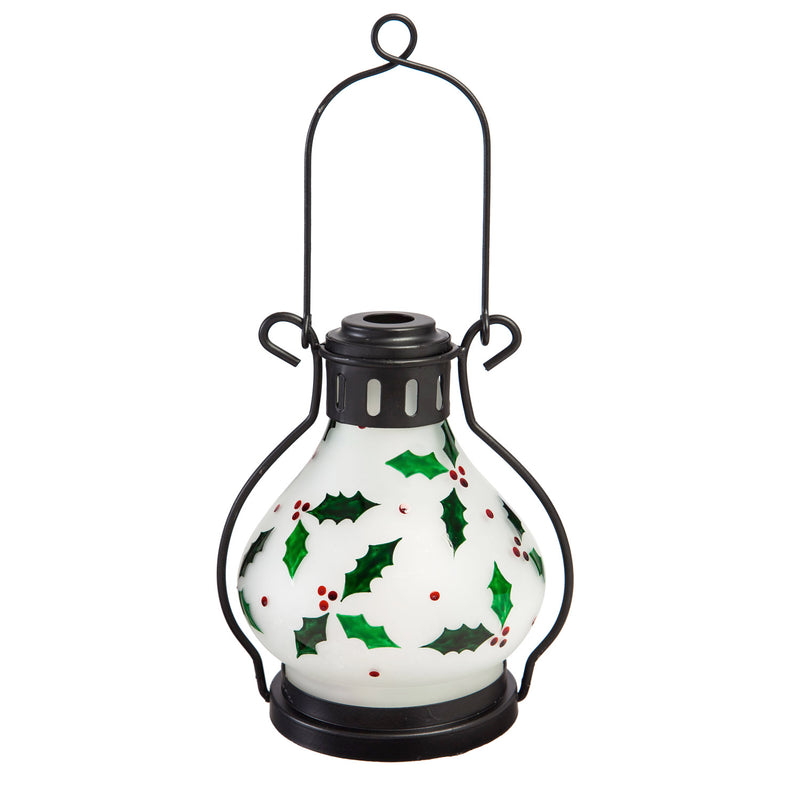 LED Glass Lantern with Moving Flame Light, Holly Berry,8led420