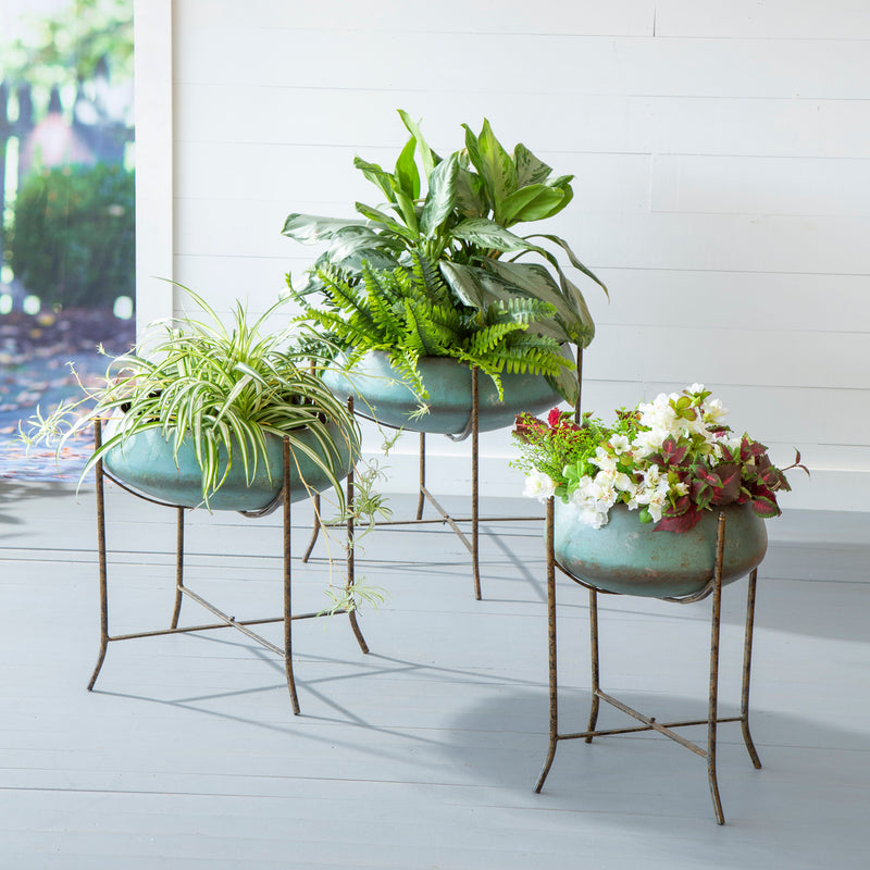 Oversize Verdigris Planter on Stand, Set of 3,8pmtl231