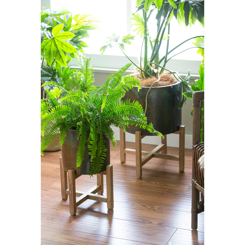 Metallic Patina Planter With Wood Stand Set of  2,8pmtl5226