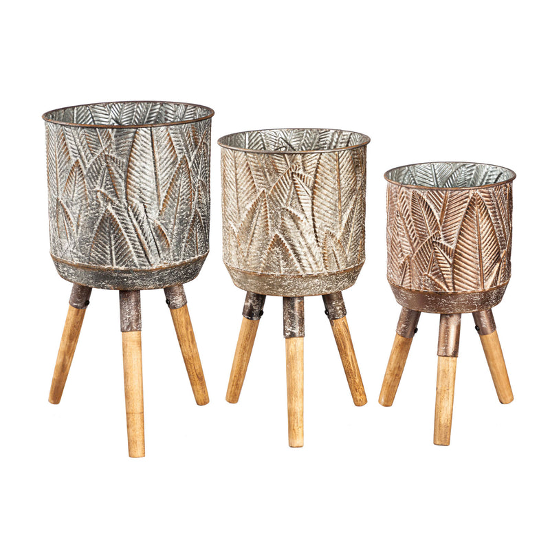 Embossed Leaf Planter with Wood Legs, Set of 3,8pmtl5252