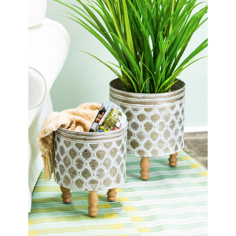 Embossed Metal Planter with Wood Legs, Set of 2,8pmtl5257