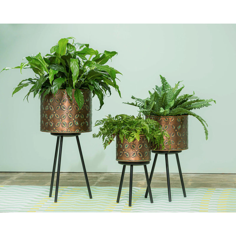 Bronze Finish Planter with Verdigris Embossing on Tripod, Set of 3,8pmtl5280