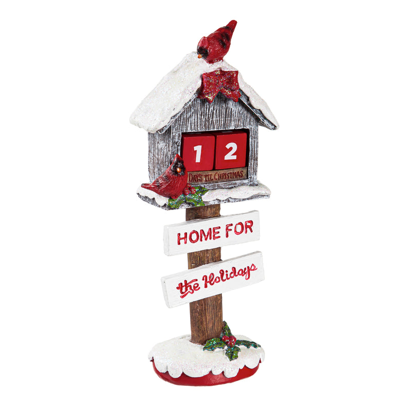 Polyresin Cardinal Bird House Countdown Table Decor, 3.25"x3"x10.5"inches