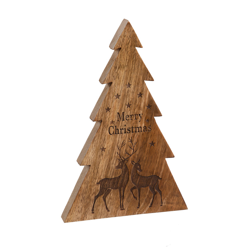 Wood Tree Shaped "Merry Christmas" Table Décor with Deer, 8"x1"x12"inches