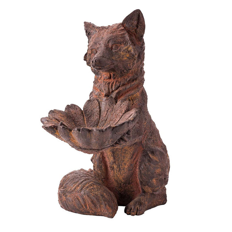 Antiqued Friendly Fox Holding a Leaf Bowl Bird Feeder,go8363