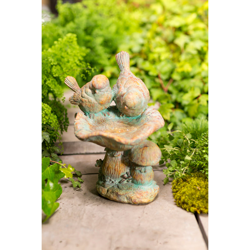 Antiqued Two Birds Perched Atop Mushrooms Birdbath,go8472