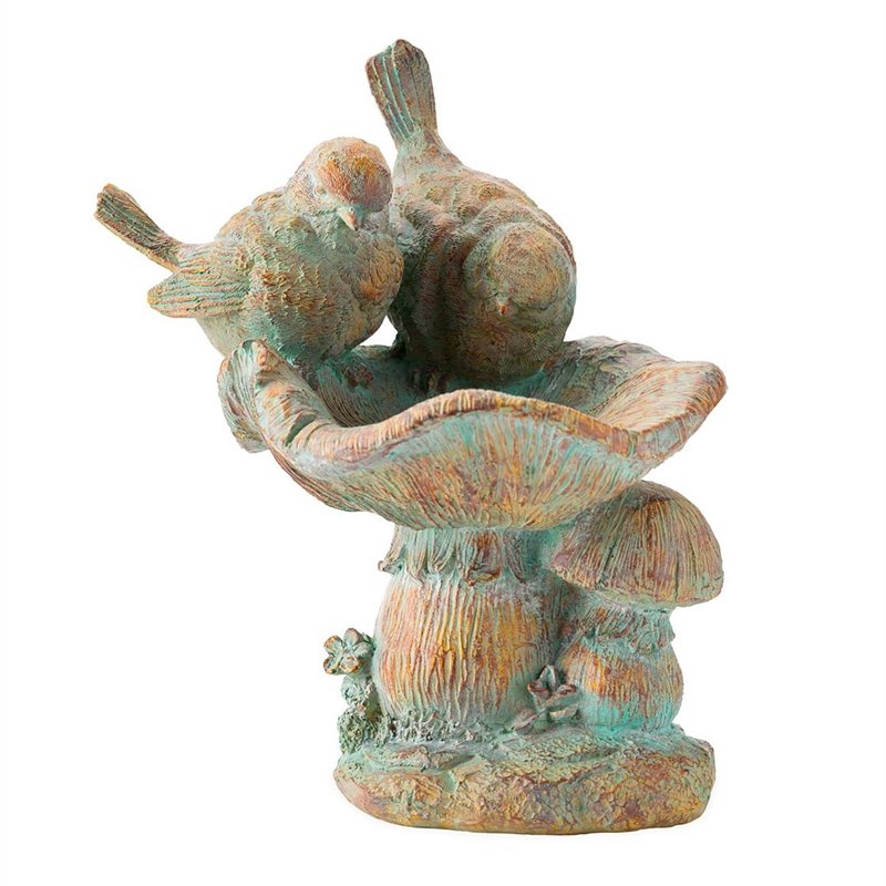 Antiqued Two Birds Perched Atop Mushrooms Birdbath,go8472