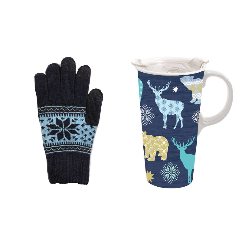 Ceramic Travel Cup, 17 OZ. ,w/ Tritan Lid and Glove Gift Set, Woodland Blue Pattern,p3281002