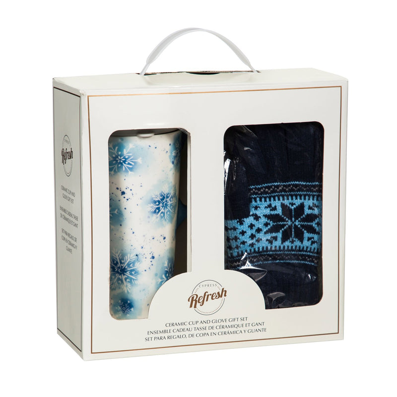 Ceramic Travel Cup, 17 OZ. ,w/ Glove Gift Set, Snowflakes,p3281004