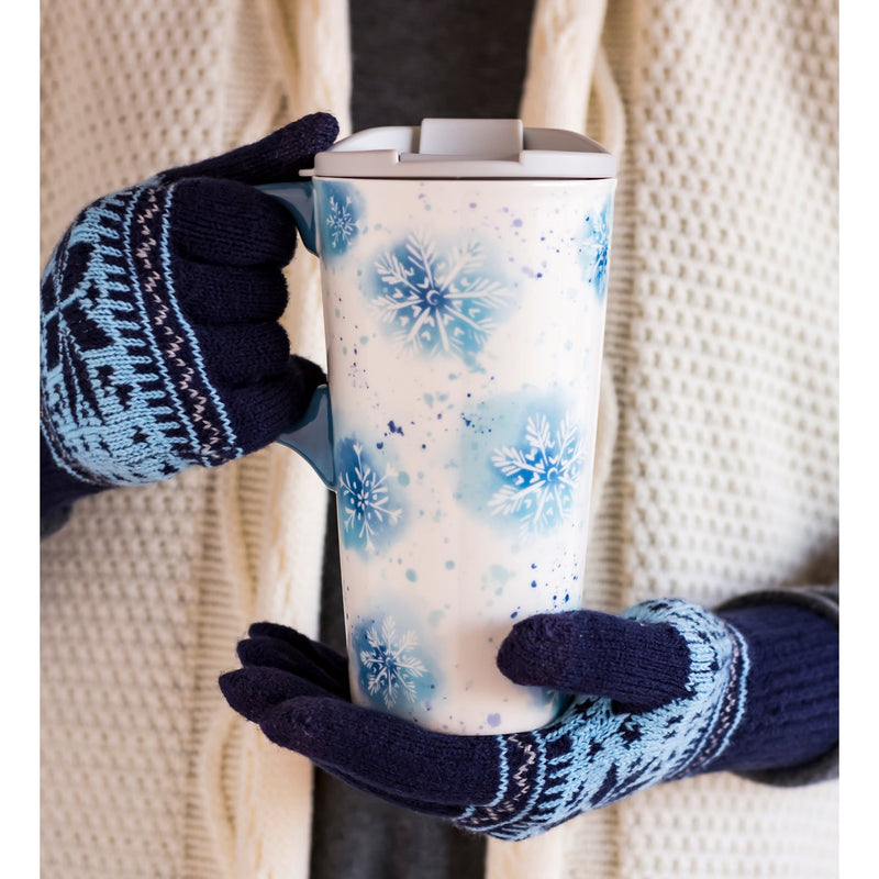 Ceramic Travel Cup, 17 OZ. ,w/ Glove Gift Set, Snowflakes,p3281004