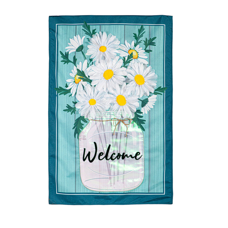 Daisies Welcome Bouquet Estate Size Embellished Burlap Flag,phb033