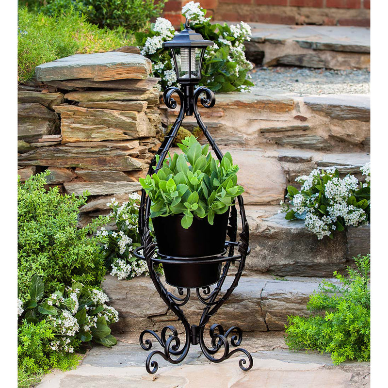 Black Wrought Iron Plant Stand with Solar Light,pl6849