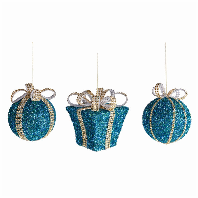 Napa Home Garden, GLITTERED BOW-WRAPPED ORNS ,SET OF 3,z5576bl